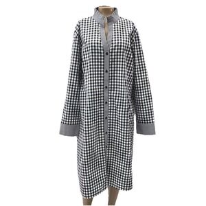 Ming Wang Dress Large Buffalo Plaid Shirt Button Shift Ruffle Stand Collar Black